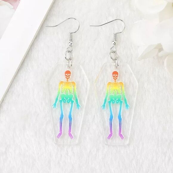 LGBTQ+ Rainbow Goth Pride Drop Dangle Earrings Skull Coffin 2.75" - Picture 1 of 2